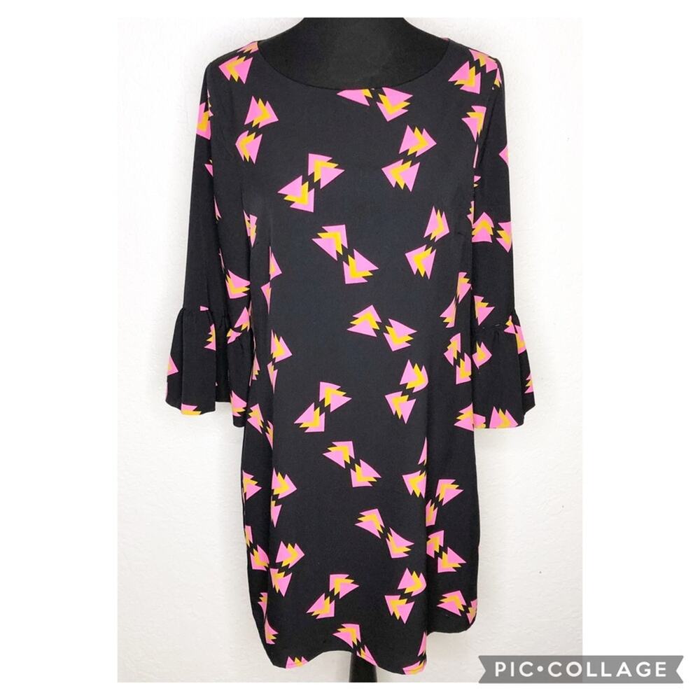 JB Julie Brown black pink yellow geometric print bell sleeve shift dress size 8